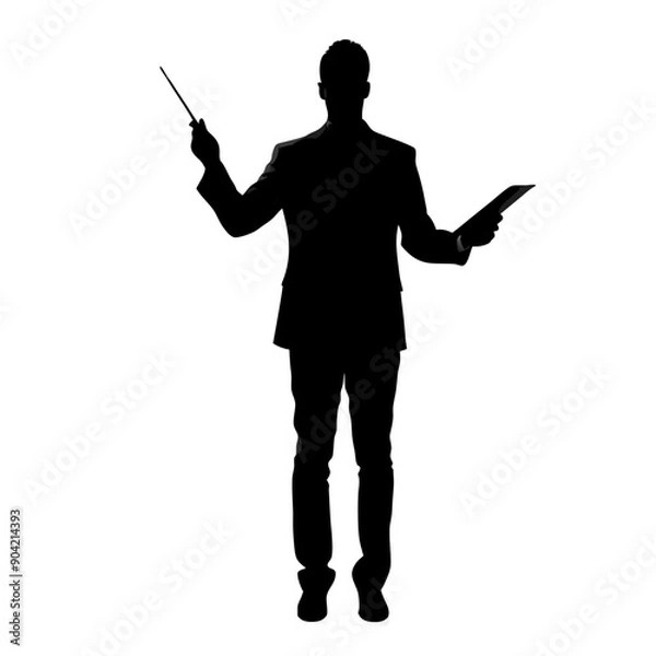 Fototapeta Silhouette of Teacher or Businessman with Pointer and Folder of Documents on White Isolated Background. Black and White Drawing