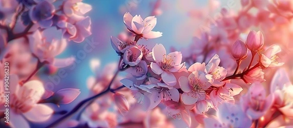 Fototapeta In spring almond tree branches burst with full bloom flowers creating a picturesque scene with copy space image