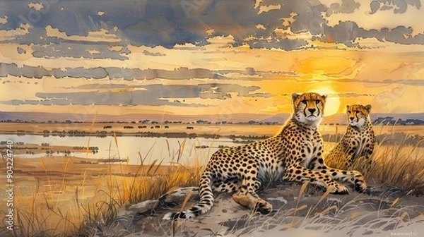 Fototapeta Grassland sunset, cheetahs resting, serene showcase, Watercolor style