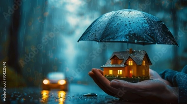 Fototapeta person holding an umbrella over a miniature house and car, symbolizing protection from natural disasters and accidents, with storm clouds in the backgrounds