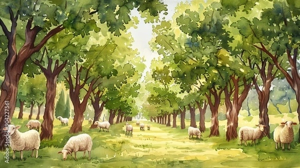 Fototapeta Orchard grove, sheep under trees, pastoral presentation, Watercolor style