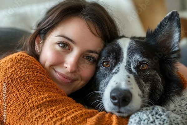Fototapeta Happy Woman in Orange Sweater Cuddling Her Dog on the Sofa, Close Up Portrait Photograph in the Style of Natural Light Minimalism 