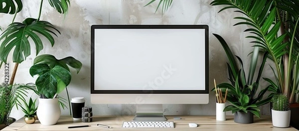 Obraz An office setting with lush indoor plants a sleek desktop computer displaying a blank screen modern accessories and a pencil holder creating a professional ambiance with copy space image