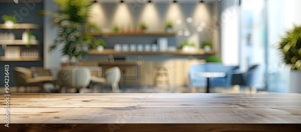 Fototapeta Table in the foreground set against a blurred contemporary office backdrop perfect for featuring office products in the copy space image