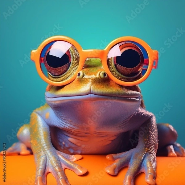 Obraz  grenouille avec lunette de soleil orange couleurs vives fond turquoise vert