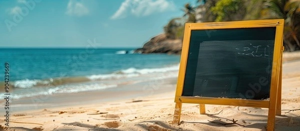 Fototapeta Adaptable work concept symbol displayed on a stunning yellow blackboard with a scenic sandy beach in the background illustrating business flexibility with ample copy space image