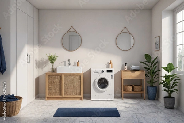 Fototapeta Interior of laundry room with washing machines and dirty clothes