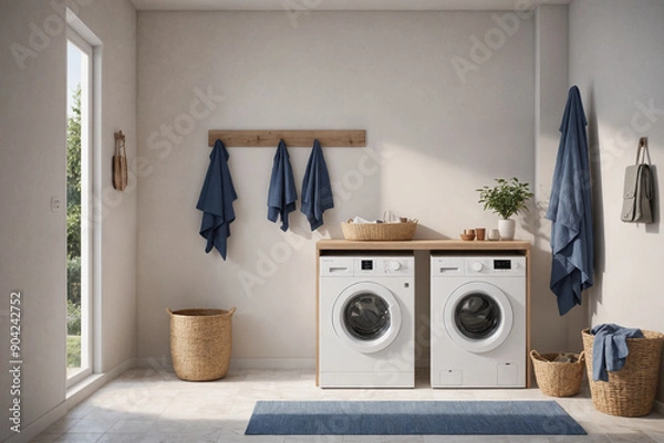 Fototapeta Interior of laundry room with washing machines and dirty clothes