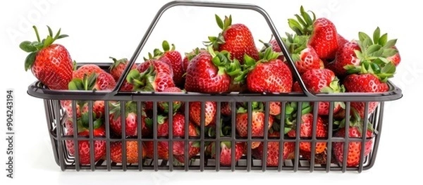 Fototapeta Fresh organic ripe strawberries whole and in a heap in a shopping basket isolated on a white background Ideal for a copy space image depicting agricultural products and harvesting