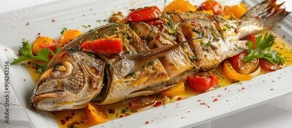 Fototapeta Delicious baked porgy with peppers and brandy ideal for a gourmet meal shown in a copy space image