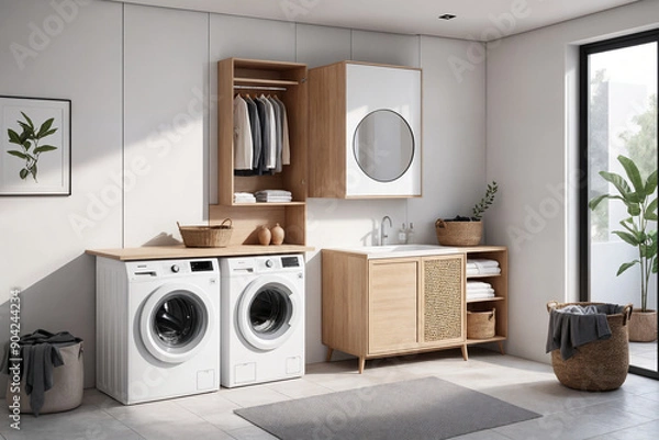 Fototapeta Interior of laundry room with washing machines and dirty clothes