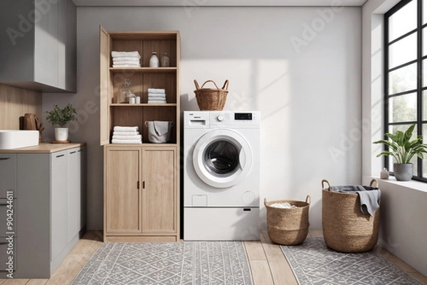 Fototapeta Interior of laundry room with washing machines and dirty clothes