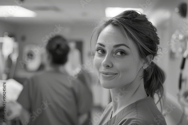 Fototapeta Nurse in Black and White. A nurse with a soft expression is captured in a black and white photograph, standing in a hospital room and exuding a sense of timeless professionalism and care.