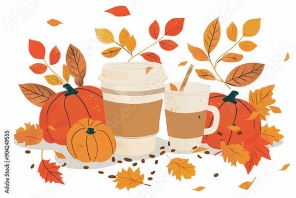 Fototapeta Autumn Coffee Delight: Embrace the cozy vibes of fall with this inviting illustration of pumpkin spice lattes nestled amongst pumpkins and colorful autumn leaves.  