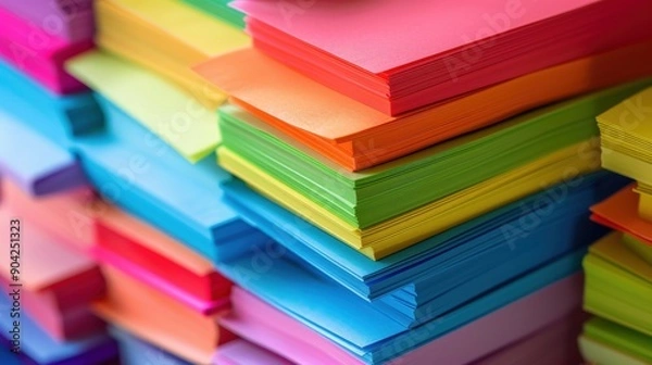 Fototapeta Colorful sticky notes are arranged neatly in stacks, showcasing a range of vibrant hues ideal for organization and creativity in work tasks