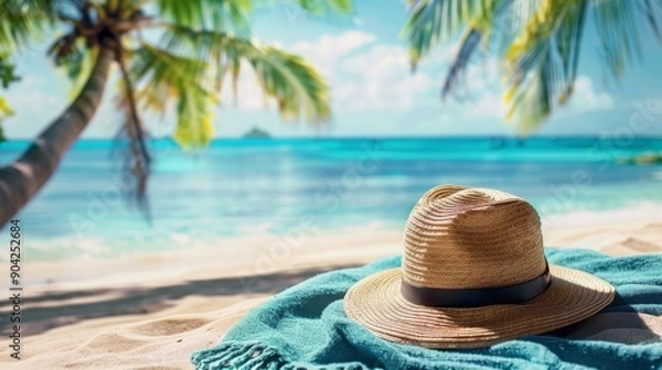 Fototapeta Beach accessories straw hat, towel on sunny tropical Caribbean beach with palm trees and turquoise water, caribbean island