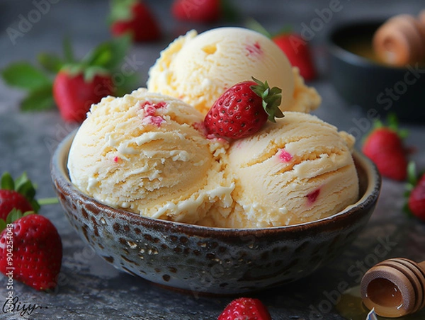 Fototapeta Cottage Cheese Ice Cream served with honey, vanilla extract, strawberry close up, dark background. Easy healthy low calorie dessert