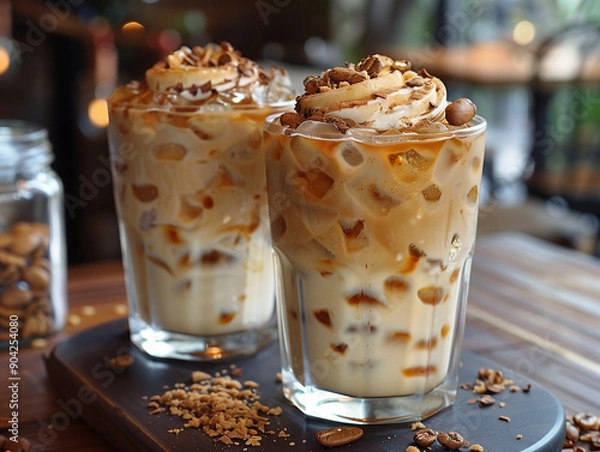 Fototapeta Two glasses of Brown Sugar Vanilla Iced Coffee clod sweet drink with ice served in the cafe