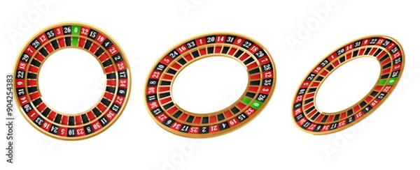 Fototapeta Golden casino roulette wheel with numbers and cells on white background with golden light, rays, glare, sparkles. Vector illustration for casino, game design, advertising