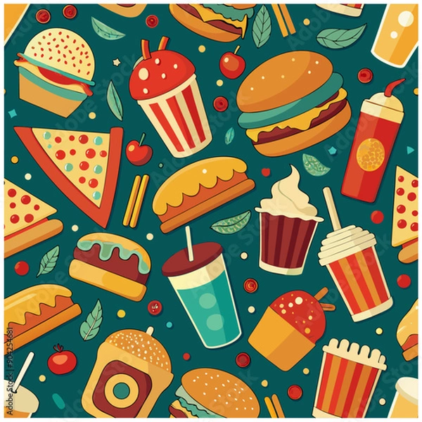 Obraz Retro cartoon fast food seamless pattern, sticker.