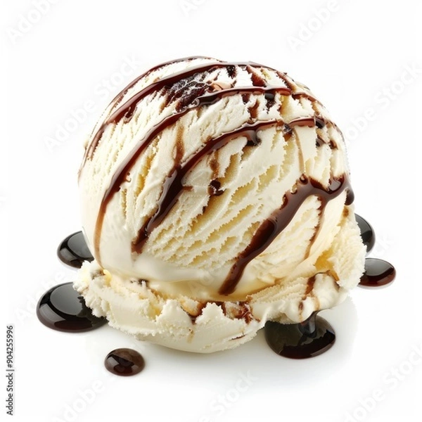 Fototapeta Medium shot of Scoop of ice cream with syrup, isolated on a white background, 