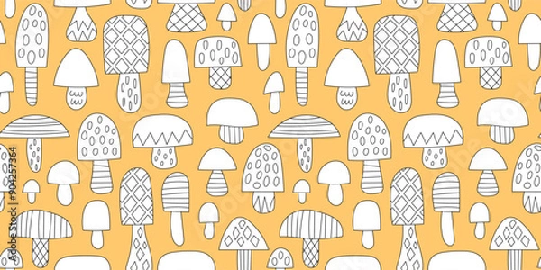 Obraz Doodle mushroom seamless pattern., yellow background