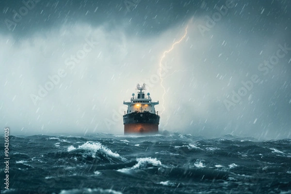Fototapeta Amidst a severe storm, a cargo ship is depicted navigating through massive waves and fierce winds. The dramatic, stormy sky, punctuated by flashes of lightning, sets a foreboding tone, with the ship