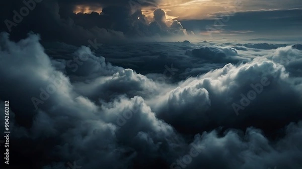 Obraz Beautiful and eye catchy aerial landscape inside the clouds with golden light shine, sky landscape view horizon