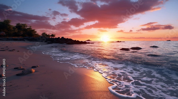 Obraz 
sunset seashore pink clouds big wave