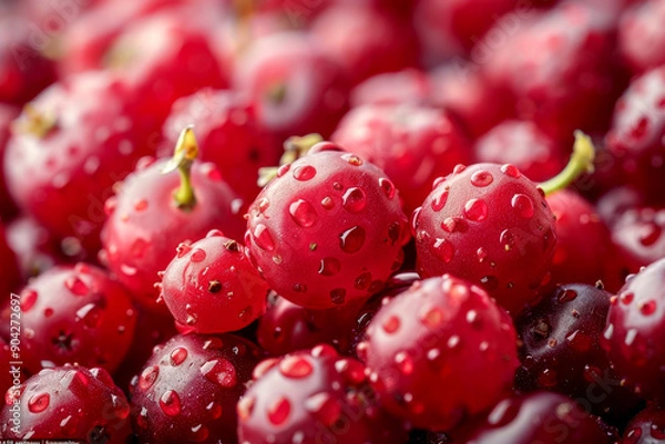 Fototapeta Fresh, vibrant red berries glistening with droplets of water, showcasing their juicy texture and appealing color.