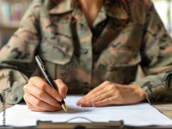 Fototapeta A woman in a military uniform is writing with a pen on a piece of paper