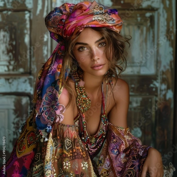 Fototapeta Bohemian Dreamworld. Woman in Colorful Attire. A beautiful woman in vibrant, bohemian-style clothing poses with an alluring gaze. Her outfit is adorned with intricate patterns and accessories.
