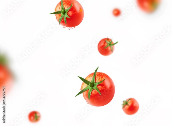 Fototapeta Falling tomato isolated on white background, full depth of field. Tomato seeds. Freshness.