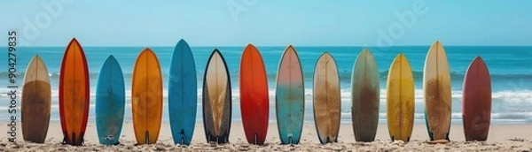 Fototapeta Row of colorful surfboards on sandy beach with ocean and clear blue sky in background