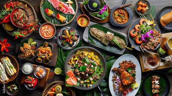 Fototapeta beautifully arranged spread of various dishes, showcasing a diverse and colorful selection of food. The dishes include a mix of seafood, grilled meats, sushi, vegetables, and various side dishes