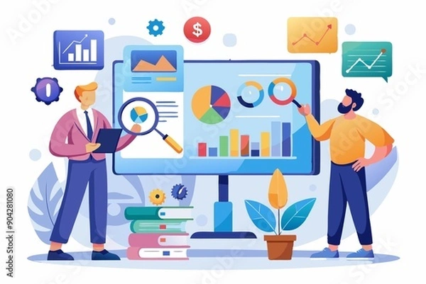 Obraz Business Professional Team Analyzing Business Data on Multiple Screens Illustration