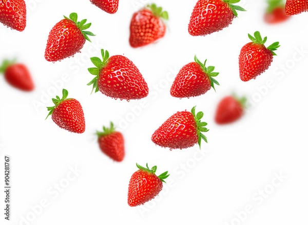 Fototapeta Slices of falling Strawberry berries isolated on white background, full depth of field. Strawberry berries. Freshness.