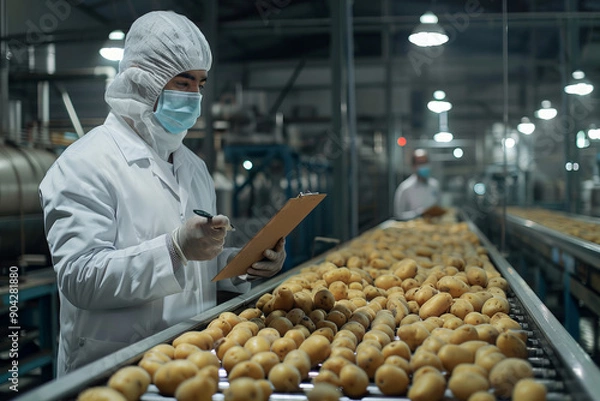 Fototapeta worker in a food processing facility wearing protective gear, including a mask, hairnet, and gloves. The worker is inspecting a conveyor belt filled with rows of potatoes, possibly a quality control