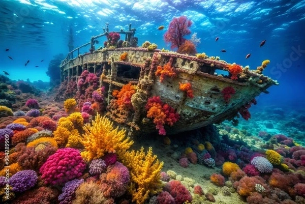 Fototapeta Ancient shipwreck lies entombed in vibrant coral, a testament to the Red Sea's fury, its rusted hull now a kaleidoscope of colors, underwater archaeological treasure.
