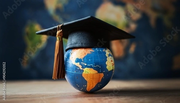 Obraz A graduation cap placed on top of a world globe, symbolizing study abroad and the concept of foreign students. Copy space available.