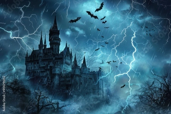 Fototapeta A dark, ominous castle with bats flying around, set against a stormy night sky with lightning