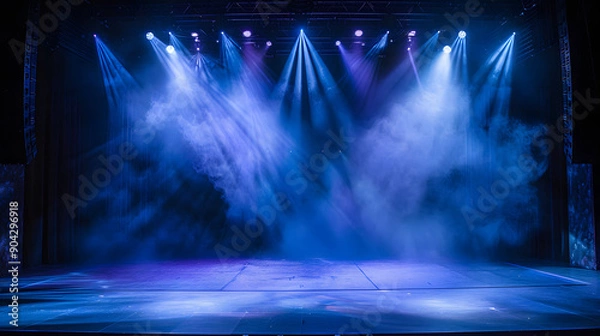 Obraz Empty stage with blue spotlights and smoke.
