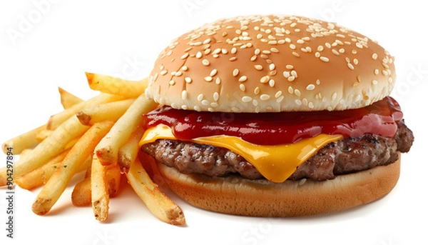 Fototapeta Cheeseburger with ketchup and sesame seed bun with fries.