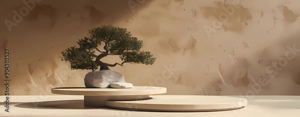 Obraz japanese style minimal abstract background.stone podium and bonsai tree with brown background for product presentation. 3d rendering illustration.