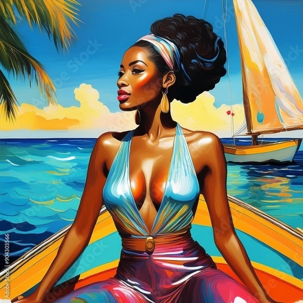 Obraz femme en voilier style disco mer de Tahiti turquoise peinture acrylique 