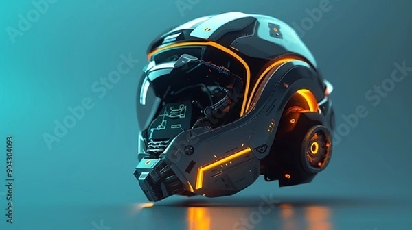 Obraz Isolated on an aqua background a futuristic helmet design with orange glowing lights
