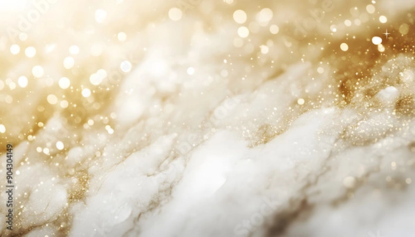 Fototapeta Abstract white marble background with gold bokeh and sparkles.