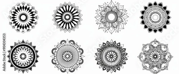 Fototapeta A unique set of zentangle mandalas drawn by hand. Moon, yin yang, om symbol all drawn in modern style, perfect for design, textiles, posters, tattoos.
