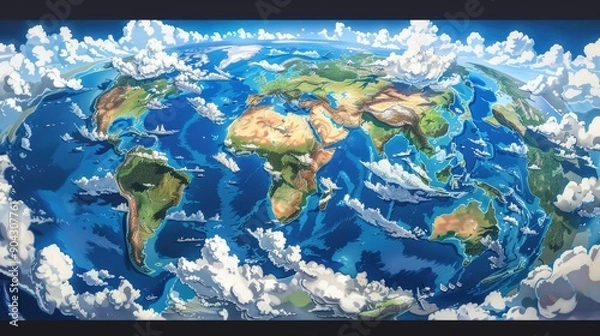 Fototapeta Detailed world map illustration featuring blue seas, green lands, and white clouds, offering a visually engaging global overview.