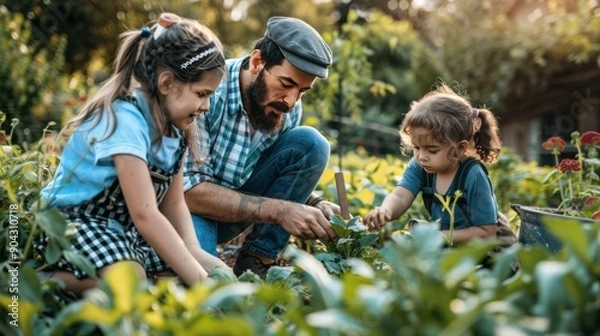 Fototapeta Family working together in a garden, showcasing genuine teamwork and bonding --ar 16:9 Job ID: cb446907-e4db-43cd-9003-f096fbd30d5d